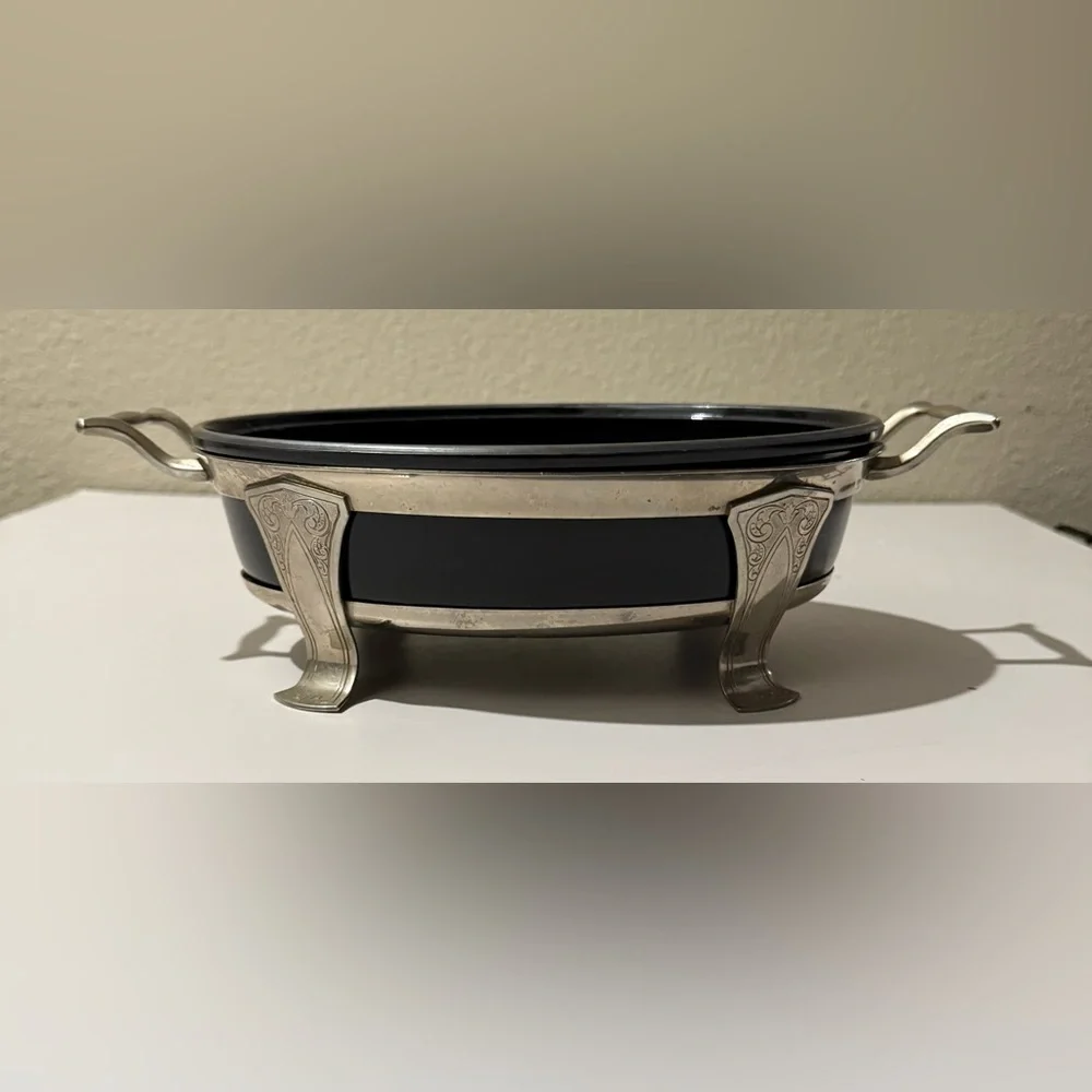Black Serving Dish with Silver Stand.